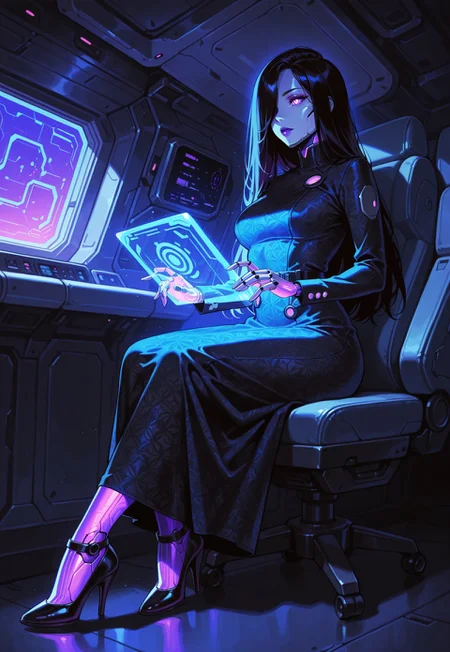 masterpiece, best quality, amazing quality,  high resolution, aesthetic,  robot woman, glowing purple body details, long hair, over one eye, dark hair, scifi diplomat, beautiful patterned dress, midi dress, dark dress with high collar, 1girl, solo, luxury shuttlecraft interior, sitting,high heel, holding holographic display