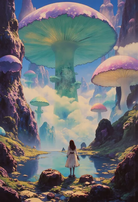 neon-mist, Studio Ghibli Whimsical Fairytale – mushroom Kingdom Landscape, giant mushroom, moss, pebbles, Landscape scenery, pastel moody, hyperdetailed Clouds, lndscpx, towering Fantasy tower mushroom, fountain, birds, billowing moody Cloud skyline, deep blacks, high contrast