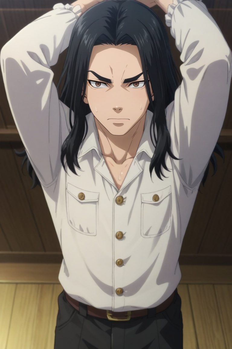 score_9, score_8_up, score_7_up, source_anime, rating_safe, , anime screencap, , official style, , depth of field, 1boy, solo, male focus, <lora:keisuke_baji_pony:0.9>, keisuke_baji, black hair, brown eyes, long hair, , from above, full body, cold, ice, indoors, arms above head, relaxed, pirate costume, <lora:sdxl_lightning_8step_lora:1>