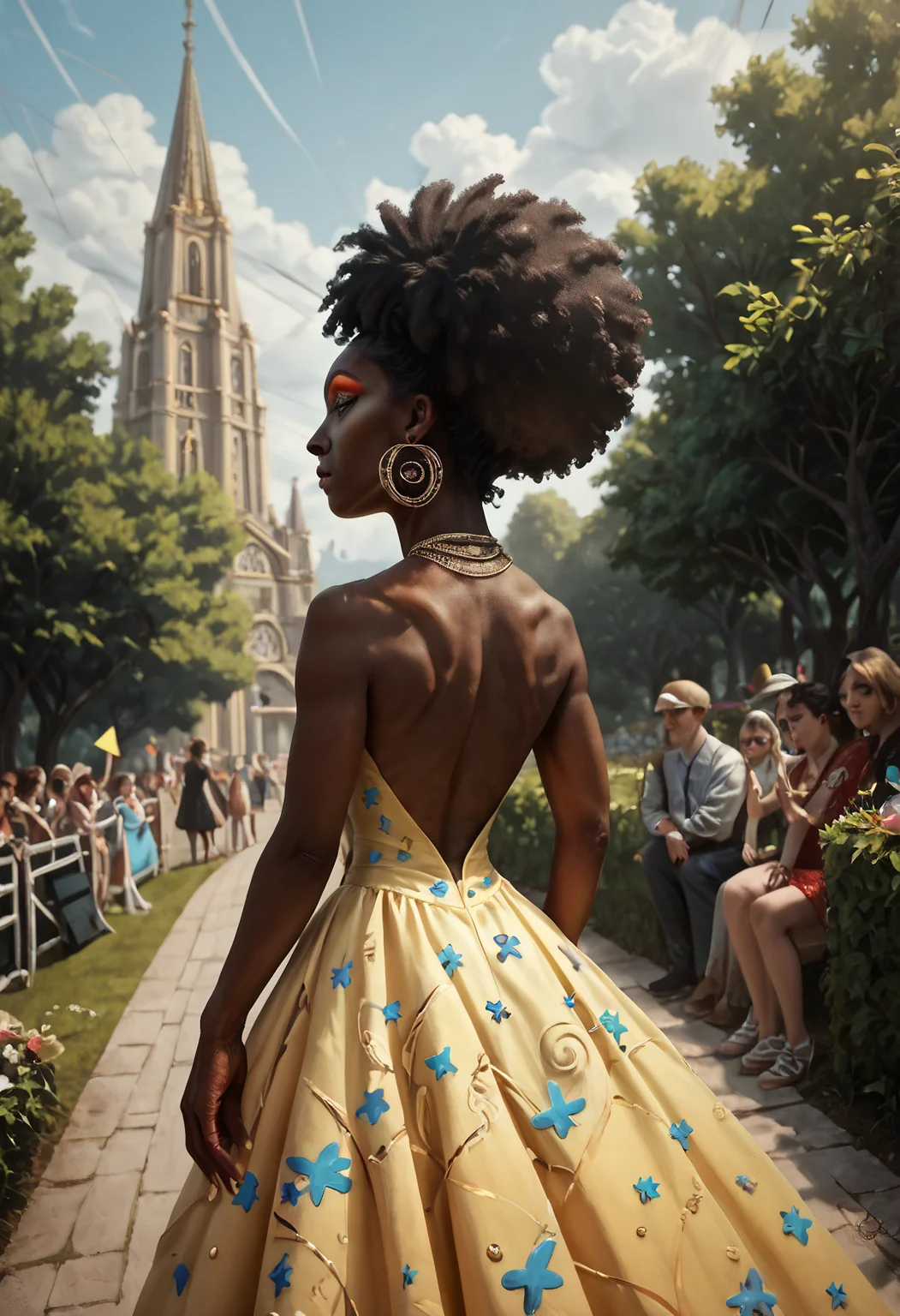 score_9, score_8_up, score_7_up, score_6_up, score_5_up, score_4_up, a highly detailed painting, 1 woman, black woman, dark skin, 40 years old, afro puff pigtails, makeup, fingernails, earrings, jewelry, an intricate Crocheted made of yarn yellow dress, sunny afternoon, birthday party at the park, Orthogonal Back View<lora:Pony_XL_Colorful_Box_Braids> <lora:Black_Woman_v3-000006> <lora:detailed_notrigger>