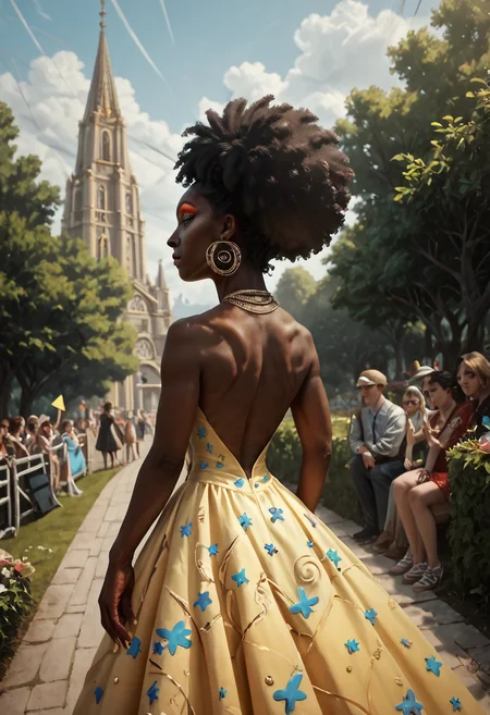 score_9, score_8_up, score_7_up, score_6_up, score_5_up, score_4_up, a highly detailed painting, 1 woman, black woman, dark skin, 40 years old, afro puff pigtails, makeup, fingernails, earrings, jewelry, an intricate Crocheted made of yarn yellow dress, sunny afternoon, birthday party at the park, Orthogonal Back View<lora:Pony_XL_Colorful_Box_Braids> <lora:Black_Woman_v3-000006> <lora:detailed_notrigger>