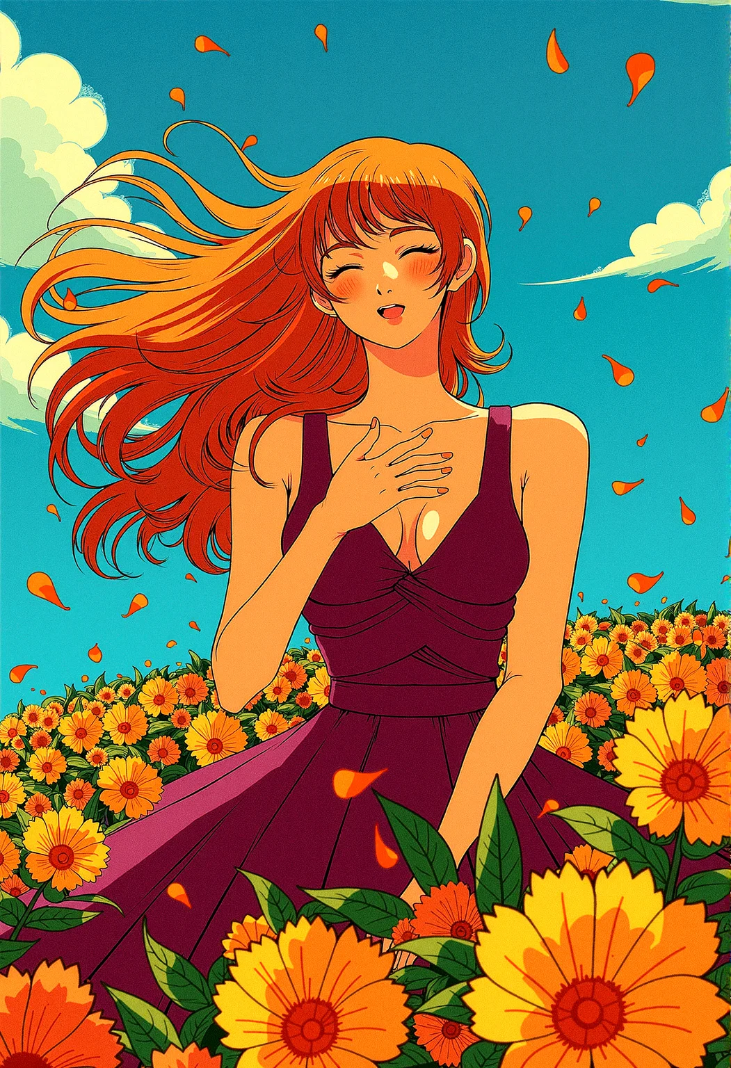 msdh, frosted animation,
anime style of a ginger woman on a hill covered in glowing flowers, with exotic vegetation swaying in the strong wind. Her long hair flows in the breeze, while petals and leaves are scattered around her. The noon sun bathes the scene in bright light, highlighting the intricate details and vibrant colors. The image captures extreme realism with a sharp, wide-angle view in high-resolution HDR, with no depth of field.

Light catching in the strands of the woman’s hair, making it appear more dynamic and alive. subtle color gradients across the scene, blending the colors of the sky, flowers, and vegetation more harmoniously.subtle reflections on any shiny surfaces, such as wet leaves or the woman’s eyes, to enhance the realism and detail.

She rests one hand on her chest, eyes closed, as if deeply moved by the beauty around her.
