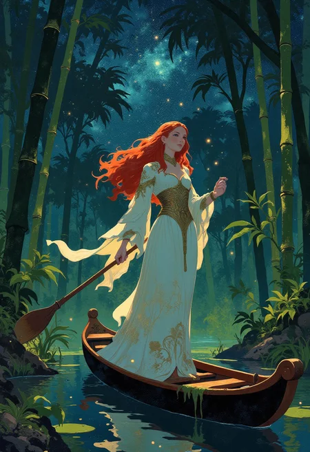 A surreal otherworldly landscape. A stunningly beautiful and regal girl floating in a gondola through a flooded ancient bamboo forest. Fireflies fly above the water. The cosmic sky is filled with magic. The atmosphere of an eerie but beautiful place.  She has flowing red hair,