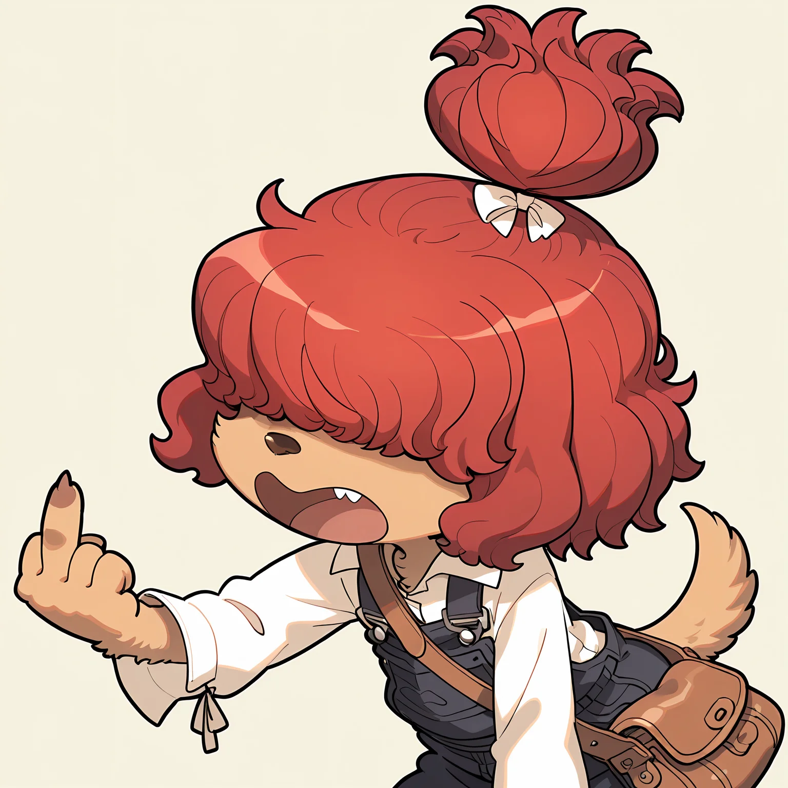 BREAK, <lora:Wappa_Charlotte:1>, Wappa Charlotte, Fuga: Melodies of Steel, kemono, furry female, young female, 1girl, dog girl, tan fur, (hair over eyes), red hair, bangs, dog tail, Fuga 1 appearance, topknot, ponytail, hair bow,
BREAK, Fuga 1 Outfit, baggy overalls, white blouse, long sleeves, brown satchel, shoulder bag,
BREAK, solo, half body, angry, leaning forward, middle finger, complaining, open mouth