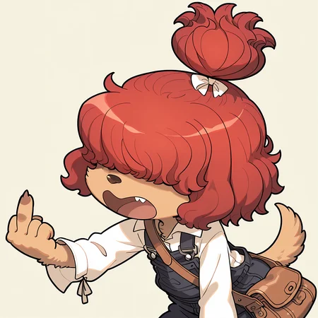 BREAK, <lora:Wappa_Charlotte:1>, Wappa Charlotte, Fuga: Melodies of Steel, kemono, furry female, young female, 1girl, dog girl, tan fur, (hair over eyes), red hair, bangs, dog tail, Fuga 1 appearance, topknot, ponytail, hair bow,
BREAK, Fuga 1 Outfit, baggy overalls, white blouse, long sleeves, brown satchel, shoulder bag,
BREAK, solo, half body, angry, leaning forward, middle finger, complaining, open mouth
