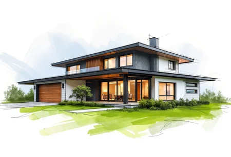 a modern building, house concept design, rough color sketch style, concept design, rough sketch, color sketch,