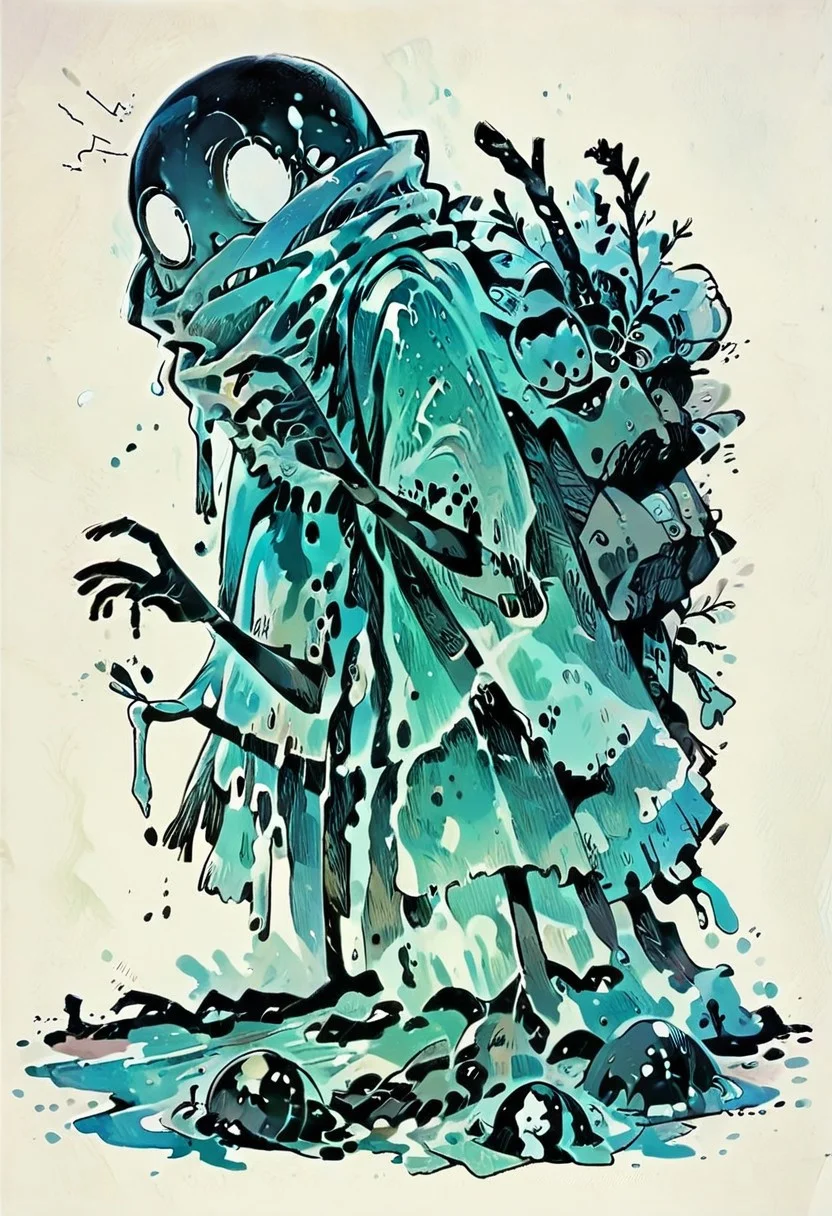 score_9, score_8_up, score_7_up, sl1m3d, slime-morph, cr33py, An anime illustration of a boy with a jack-o-lantern head in a swamp by Atsushi Ohkubo