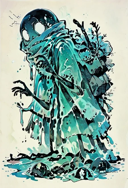 score_9, score_8_up, score_7_up, sl1m3d, slime-morph, cr33py, An anime illustration of a boy with a jack-o-lantern head in a swamp by Atsushi Ohkubo