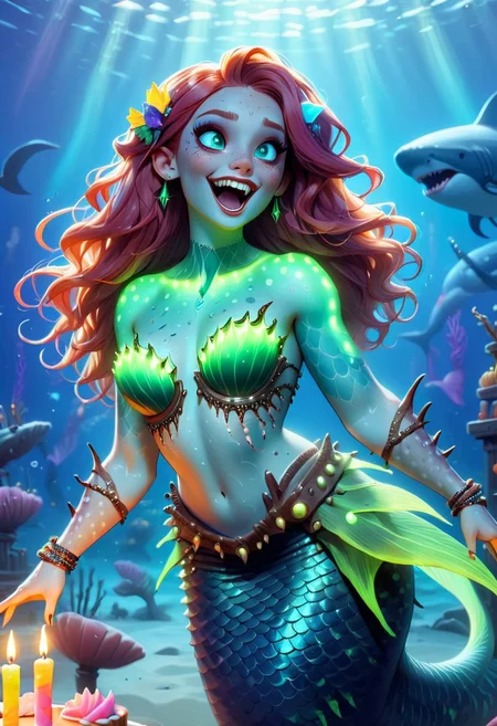 Feminine mermaid With copper hair, curvy Brightly coloured long finger nails, fangs, bohemian horror, whale-shark spots,  neon illuminated translucent top, muscular arms, shipwreck in background, underwater birthday party