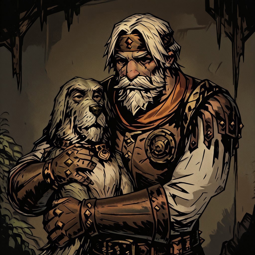 masterpiece, best quality, newest, absurdres, highres,  solo, solo focus, TTCSV1.0, DDstyle, official style, DD2Style-IL.V1.0
1boy, DDHM-V1.0, beard, facial hair, leather armor, dog, hound, mustache, headband, hugg, hugging, hugging dog, hugging pet, hugging animal


