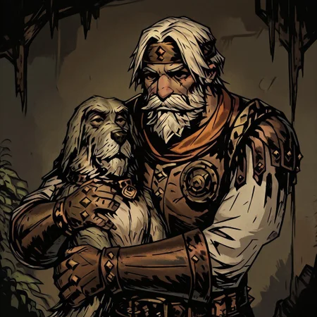 masterpiece, best quality, newest, absurdres, highres, solo, solo focus, TTCSV1.0, DDstyle, official style, DD2Style-IL.V1.0
1boy, DDHM-V1.0, beard, facial hair, leather armor, dog, hound, mustache, headband, hugg, hugging, hugging dog, hugging pet, hugging animal