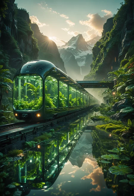 futuristic and cinematic scene, an advanced train with a sleek transparent glass exterior, traveling through a breathtaking landscape, with mountains on distant, the train's interior is filled with vibrant green plants, creating a miniature greenhouse effect, The surrounding environment is bathed in soft ethereal light filtering through gaps in the dense foliage, casting a glow on the reflective water below, the atmosphere is serene and otherworldly, combining elements of nature and futuristic technology, <lora:MJ52:0.3>, <lora:SDXLFaeTastic2400:0.3>, <lora:CinematicStyle_v1:0.8>, <lora:zavy-cntrst-sdxl:0.6>