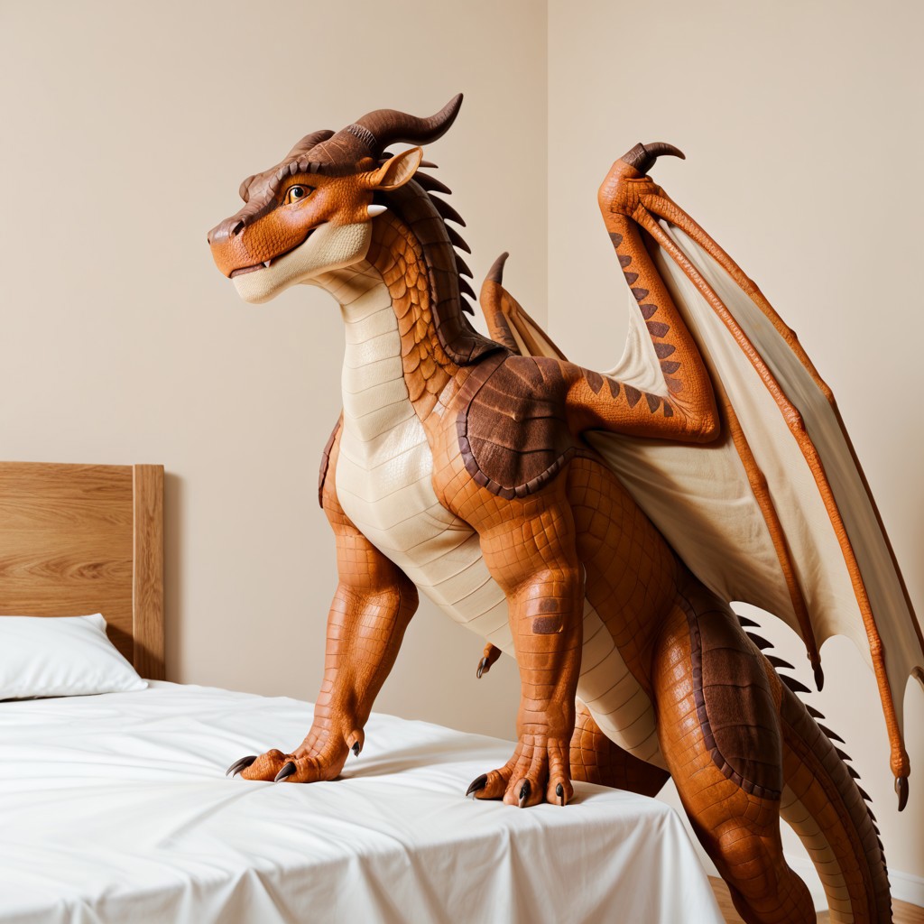 score_9, score_8_up, score_7_up, score_6_up, score_5_up, score_4_up, masterpiece, high quality, realistic, detailed, best quality, white bed, solo, rating_safe, source_furry, bedroom, smiling, happy, detailed eyes, detailed face, (looking at viewer, standing), Mudwing_wof, brown scales, squarish face, darker colored snout, tan underbelly, dragon, horns, claws, wings, tail, Clay_wof, 1boy, male, brown eyes, brown horns, feral