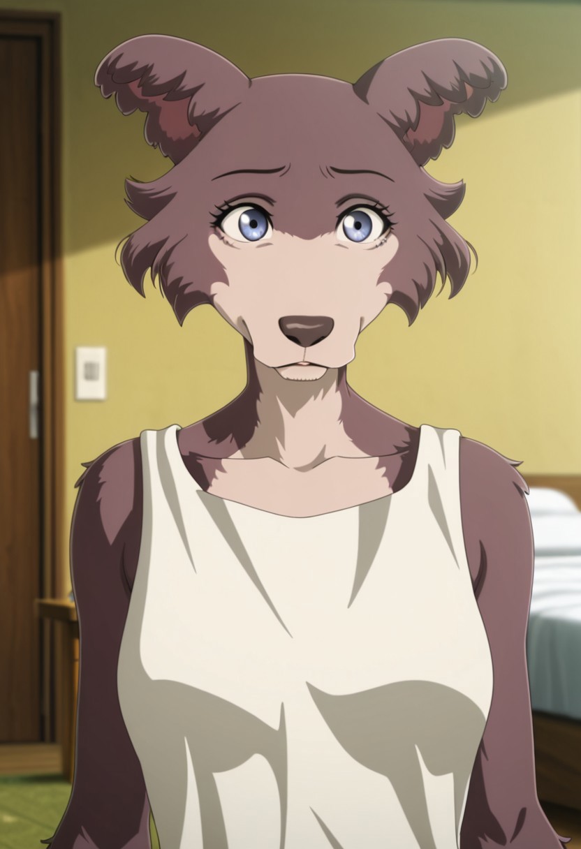 anime shading, anime screencap, amazing quality, best quality, detailed background, bedroom, BREAK, 1girl, (furry juno), wolf girl, brown-purple fur, blue eyes, wolf tail, animal nose, animal ears, detailed fur, realistic fur, (realistic, painted art)