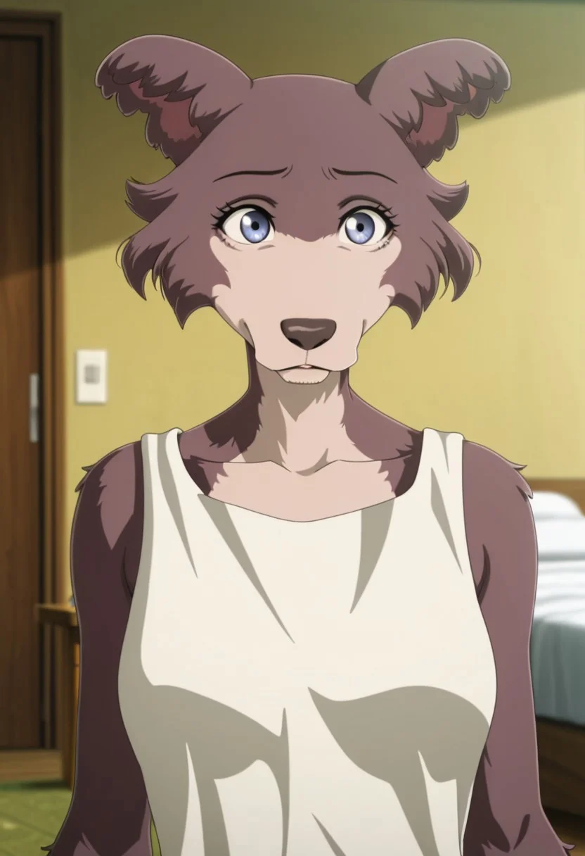 anime shading, anime screencap, amazing quality, best quality, detailed background, bedroom, BREAK, 1girl, (furry juno), wolf girl, brown-purple fur, blue eyes, wolf tail, animal nose, animal ears, detailed fur, realistic fur, (realistic, painted art)
