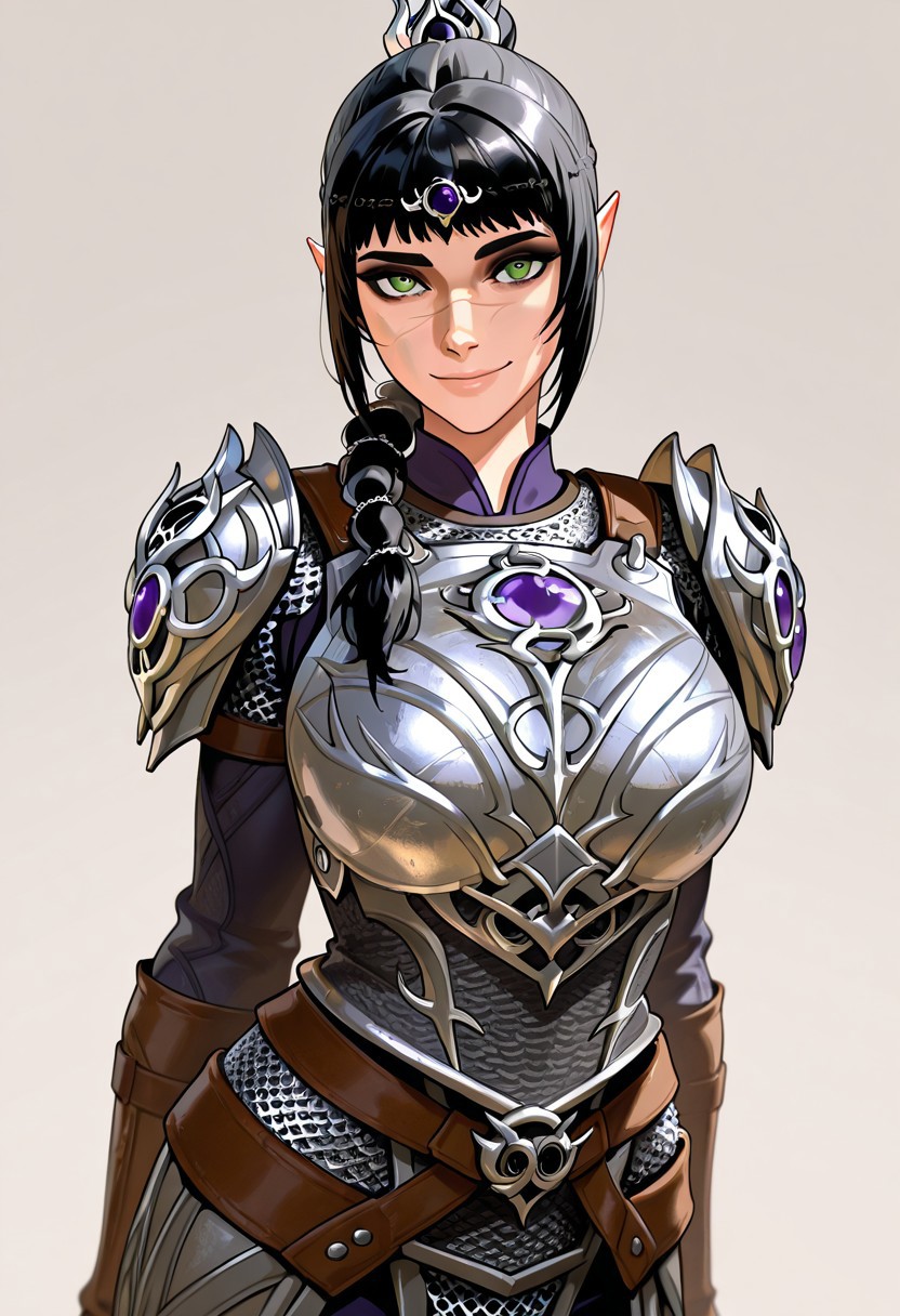 masterpiece,best quality,amazing quality, absurdres, <lora:shadowheart_bg3_ilxl_goofy:1> shadowheart \(baldur's gate\), 1girl, black hair, braid, breasts, elf, green eyes, large breasts, long hair, looking at viewer, multi-tied hair, pointy ears,scar on face,  simple background, smile, solo, body armor, shoulder pads, ,breastplate, chainmail,