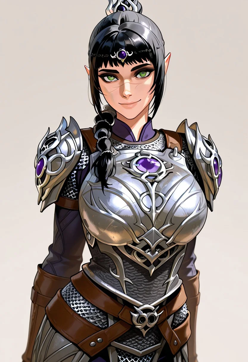 masterpiece,best quality,amazing quality, absurdres, <lora:shadowheart_bg3_ilxl_goofy:1> shadowheart \(baldur's gate\), 1girl, black hair, braid, breasts, elf, green eyes, large breasts, long hair, looking at viewer, multi-tied hair, pointy ears,scar on face, simple background, smile, solo, body armor, shoulder pads, ,breastplate, chainmail,