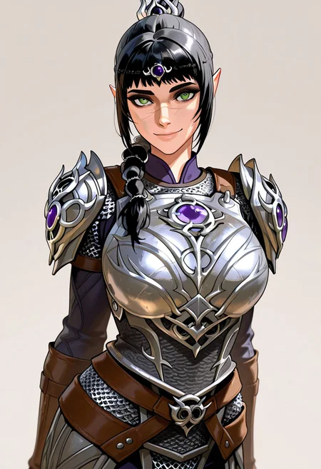 masterpiece,best quality,amazing quality, absurdres, <lora:shadowheart_bg3_ilxl_goofy:1> shadowheart \(baldur's gate\), 1girl, black hair, braid, breasts, elf, green eyes, large breasts, long hair, looking at viewer, multi-tied hair, pointy ears,scar on face,  simple background, smile, solo, body armor, shoulder pads, ,breastplate, chainmail,