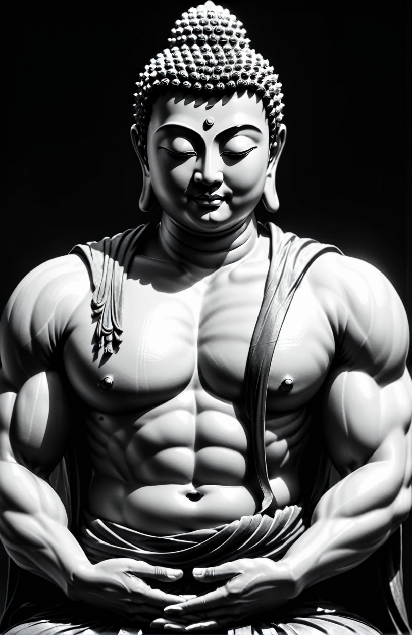 Hunky Buddha Extreme Muscle💪 👕, Abstract Darkness, sidelighting highlights the texture of the Buddha's muscular details and texture 💡, grayscale with the muscle highlights ⚪⚫ 🟠, High Contrast, Black and White Gray Scale, Majestic Silence, Bust portrait, Full-length portrait, emphasizing the combination of clothing and the Buddha's image 👕💪