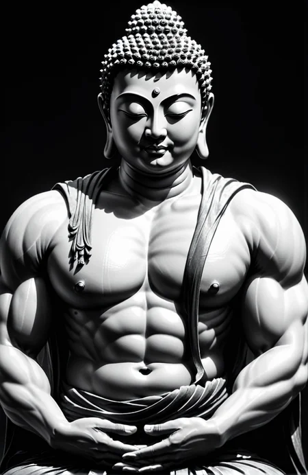 Hunky Buddha Extreme Muscle💪 👕, Abstract Darkness, sidelighting highlights the texture of the Buddha's muscular details and texture 💡, grayscale with the muscle highlights ⚪⚫ 🟠, High Contrast, Black and White Gray Scale, Majestic Silence, Bust portrait, Full-length portrait, emphasizing the combination of clothing and the Buddha's image 👕💪