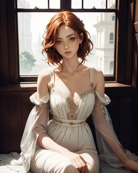 (style of Paolo Roversi) Renaissance adult woman, flowing diaphanous gown, seated by a window, period-appropriate artifacts, soft light, intricate details, thoughtful expression, soft lighting, rich textures, detailed embroidery, elegant and timeless, muted color palette, vintage and nostalgic, rule of thirds composition, soft shadows, dreamy atmosphere , Marsaili_v1