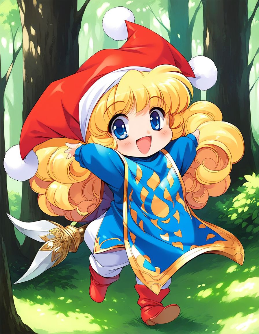 score_9, score_8_up, score_7_up, source_anime, rating_explicit, BREAK  <lora:Charlotte_seiken_densetsu3_XL:1>
Charlotte_seiken, 1girl, blonde hair, solo, hat, forest, chibi,
full body, long hair, blue eyes, open mouth, retro artstyle, curly hair, smile, jester cap, holding, weapon, red footwear, blue long sleeves, tabard,