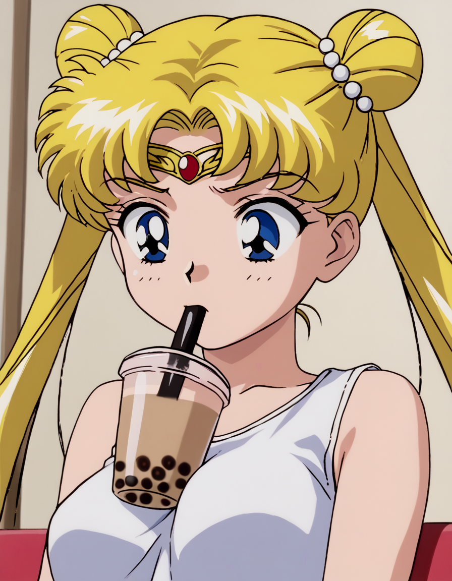 score_9, score_8_up, score_7_up, source_anime, <lora:usagi-tsukino-supers-movie-ponyxl-lora-nochekaiser:1>, usagi tsukino, blonde hair, blue eyes, double bun, hair bun, hair ornament, long hair, twintails, circlet, parted bangs,, <lora:bubble-tea-challenge-ponyxl-lora-nochekaiser:1>, bubble tea challenge, bubble tea, object on breast, drinking straw, drinking straw in mouth, drinking, cup,, indoors, sitting, looking down, , cowboy shot, dutch angle