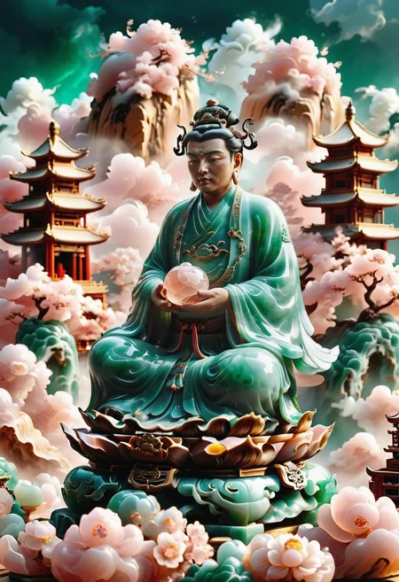 (masterpiece), (best quality), (masterpiece:1.5), made out of, jade, ornately decorated, inkwash, the jade emperor, low-key lighting, lo-fi, dark, glow, dynamic cinematic lighting, ray_tracing, global illumination, masterful composition, dynamic movement