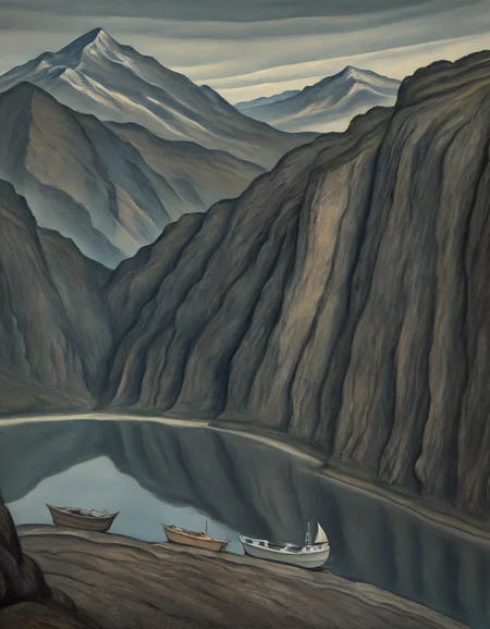 wegener, masterpiece, best quality, absurdres, highres, general, no-humans, scenery, mountain, lake, boat