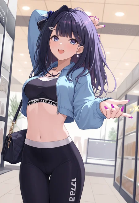 safe, masterpiece, best quality, mall, sparkles
BREAK 1girl, liverpool, slim, open mouth, joy, jacket, crop top, yoga pants, joy, handbag, purple nails
<lora:Liverpool_NAIXL_v10:0.8>
