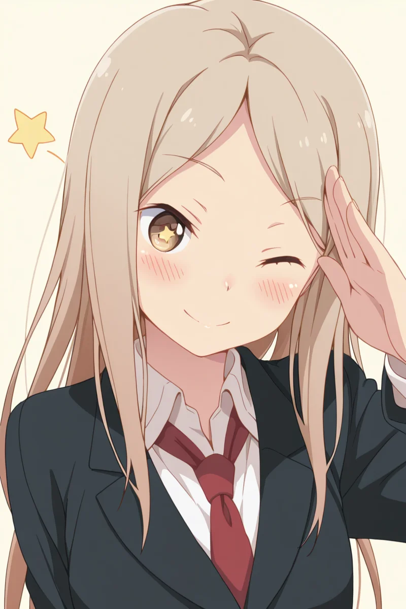 masterpiece, best quality, amazing quality,
<lora:Kotone_IL:1> kotone, 1girl, one eye closed, solo, star (symbol), necktie, long hair, brown eyes, smile, shirt, red necktie, blazer, brown hair, blush, school uniform, simple background, salute