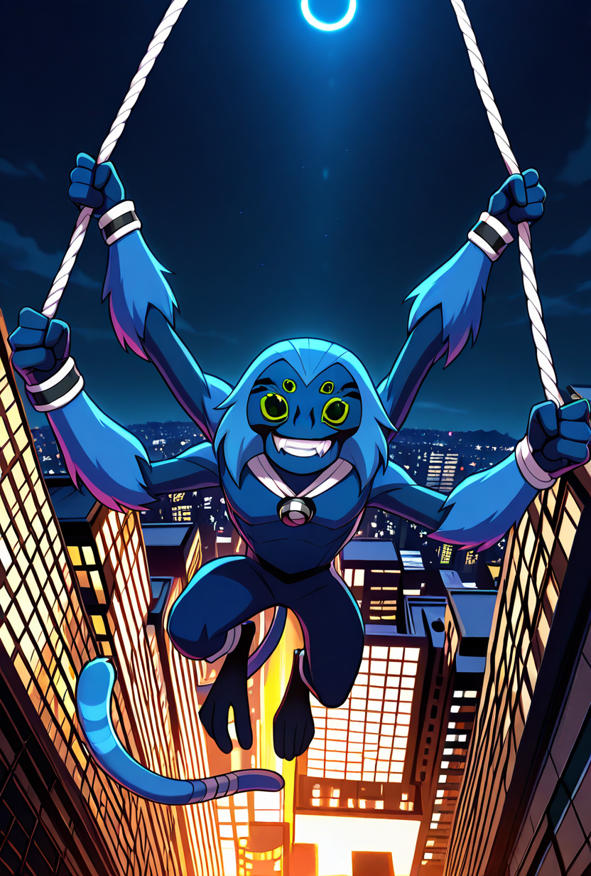 <lora:spidermonkey-09:1> spidermonkey, extra eyes, solo, blue skin, four arms,, long blue tail, , green eyes, green sclera, teeth, blue hair, pokemon (creature), zoomed out view, smile, teeth, fangs, dynamic pose,,  swinging on web, web slinging,  city, white rope, swinging on white rope, city view,, masterpiece, best quality, amazing quality, very aesthetic, absurdres, newest,