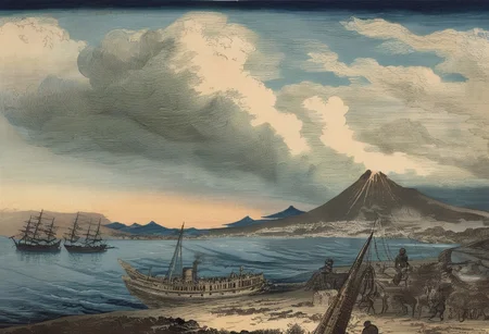 woodcut, tokio bay 1865, big black steam powered battleship, gustave dore style, gustave dore clouds, hokusai waves, hokusai mount fuji in the background