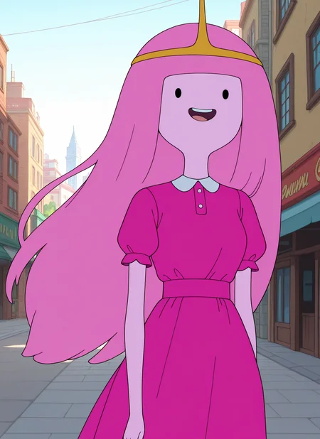 artist:, masterpiece, best quality, newest, very awa, absurdres, highres, advt, 1girl, bbgm, smile, open mouth, pink skin, dot eyes, pink hair, long hair, tiara, casual outfit, looking at viewer, daytime, city, wind, detailed, <lora:SDXL\Illustrous\Adventure_Time_style_and_characters:1.0>