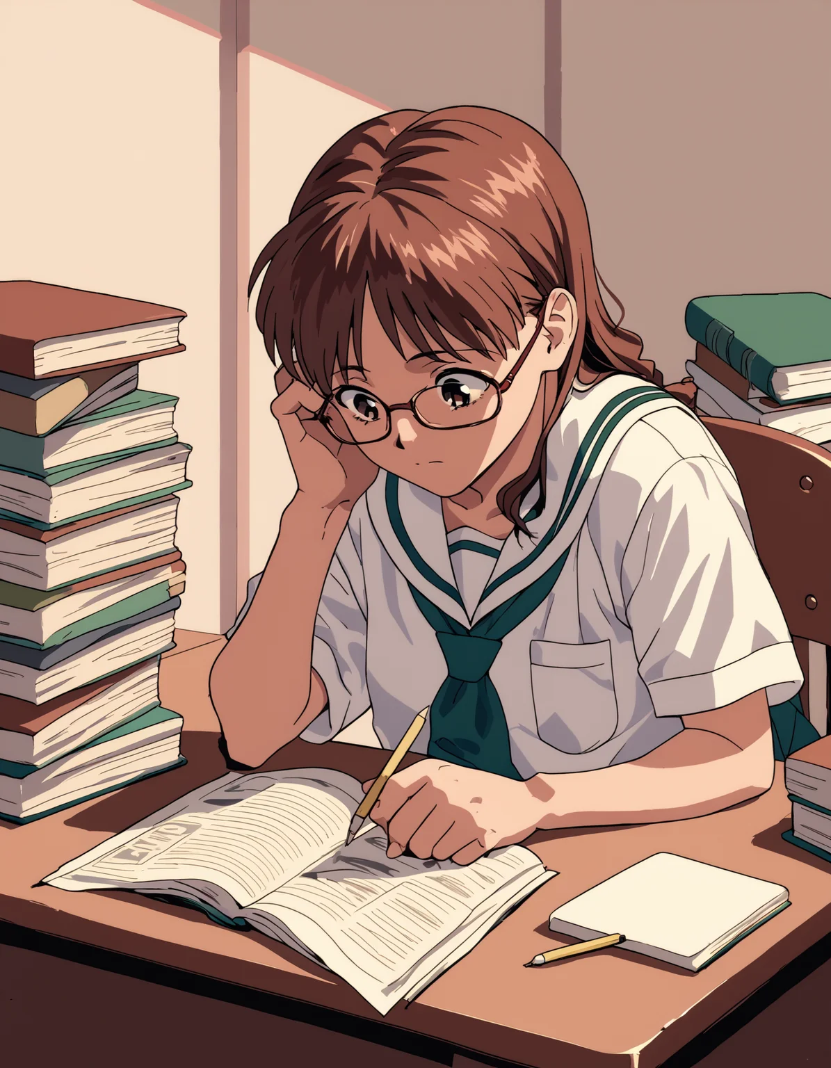 score_9, score_8_up, score_7_up, score_6_up, score_5_up, score_4_up
<lora:viper-ctr-ponyxl-000050:0.8> 
1girl, solo, aska, glasses, brown hair, serafuku, skirt, studying, desk, bedroom