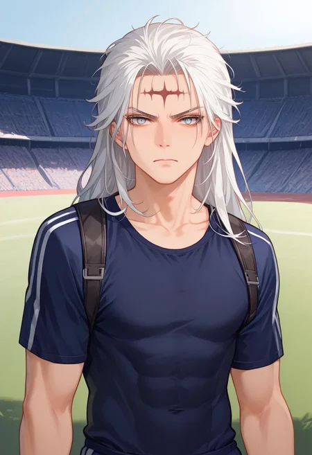 (score_9, score_8_up, score_7_up, score_6_up, score_5_up, score_4_up), Calcharo, muscle, white hair, long white hair, face tattoo, grey eyes, ruanyi0159,randoseru,gym uniform,backpack, school track, looking at viewer, female focus, outdoor, trackfield, very annoyed, cowboy shot