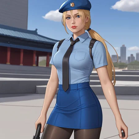 <lora:sonyablademkvsdc_pony_v1:.8>  SonyaBladeMKDC, 1girl, solo, blonde hair, medium breasts, long hair, beret, ponytail, lips, cowboy shot, <lora:0820 tokisaki kurumi policewoman fan costume_v1_pony:1> ruanyi0820,black necktie,blue hat,blue shirt,blue skirt,black pantyhose,short sleeves,skirt