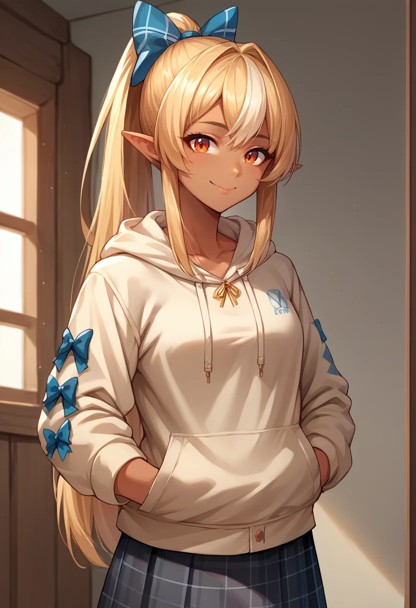 score_9, score_8_up, score_7_up, source_anime, 1girl, solo, ShiranuiFlare, dark skin, long hair, high ponytail, hair bow, indoors, plaid skirt, hoodie, smile, hands in pockets, <lora:ChjamShiranuiFlarePonyXL:1>