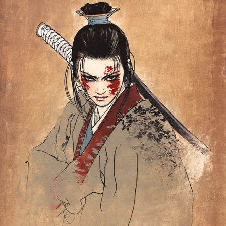 SumeragiNatsuki, (best quality), (masterpiece), Japanese female samurai, blood-covered, katana in hand, fierce expression, battle-scarred, determined, strong, powerful