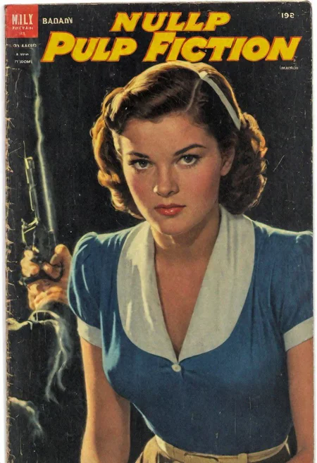 vintage comic book cover, Pulp fiction book cover 'starlets de Cannes', featuring a 19-year-old woman with radiant white complexion and dark brunette hair in a school outfit, Leia Thompson, Lorraine baines mcfly , at school, in the back to the future movie in the 1950s.