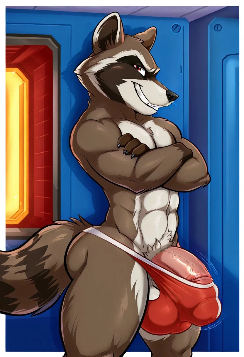 score_9,score_8_up,score_7_up,score_6_up, Aaron, White border, Rocket raccoon, procyonid, abs, anthro, barely contained, barely contained penis, bulge, clothed, crossed arms, genitals, male, muscular, muscular anthro, penis, pubes, solo, standing, thick penis, thick thighs, thong, underwear, grin , raccoon, tail, topless, side view
spaceship indoor