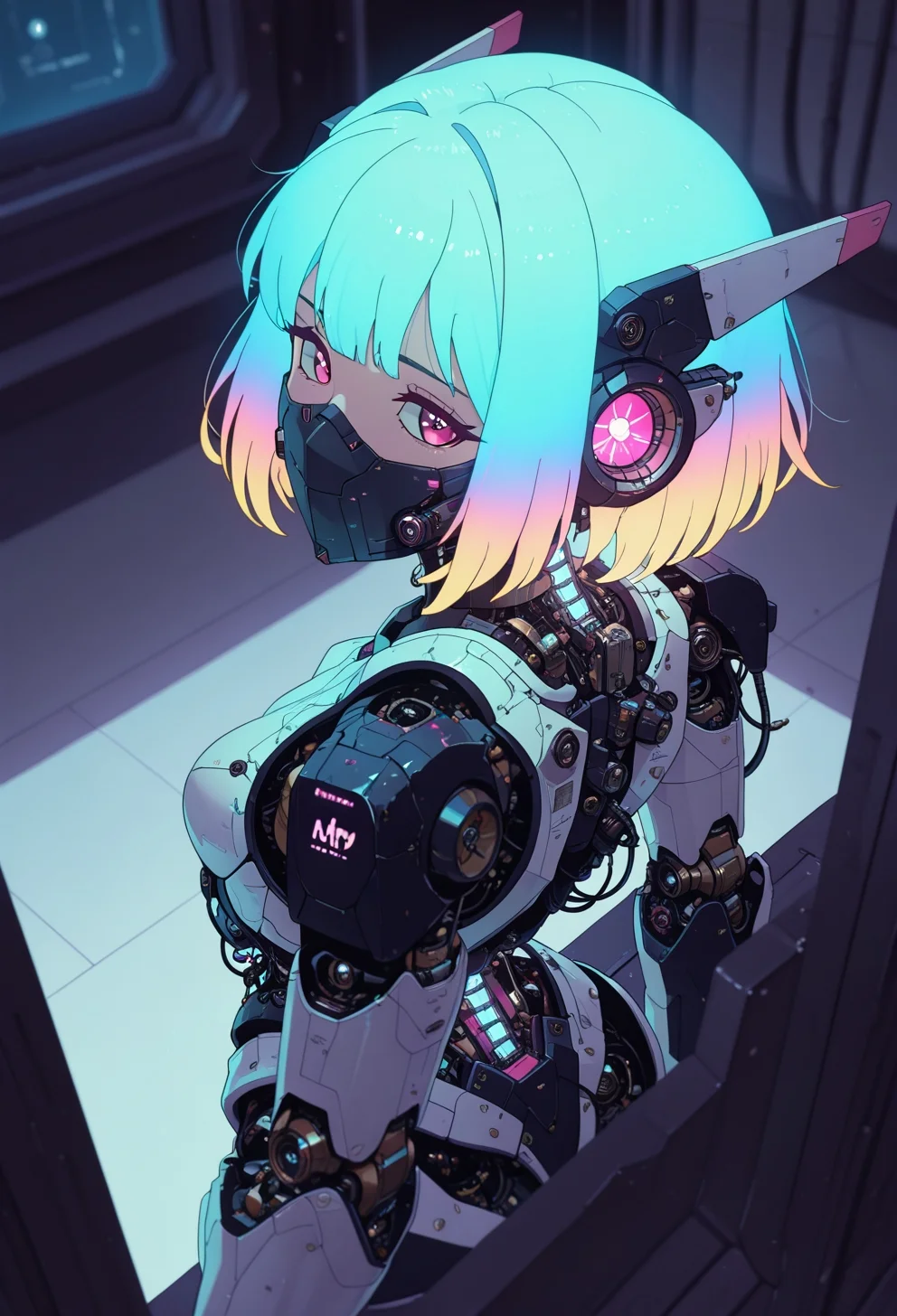 <lora:ck-nc-cyberpunk-IL-000011:0.60>, masterpiece, best quality, good quality, very aesthetic, absurdres, newest, 8K, depth of field, focused subject, dynamic angle, side view, from above, action shot, wabi sabi android woman, rainbow hair, glowing hair, gazing at the viewer, clean visible face, clean white rectangular ceramic material and mechanical parts, their face mask is open, one eye has mechanical enhancements, servos, wires, exposed circuits, skin, (futuristic fractal shaped artemis station in background, window view), Sci-fi anime movie (style by George Shaw),shallow depth of field, vignette, (Fujicolor Superia X-TRA 400) , (bioluminecent glow:0.8),
in the style of cknc,
<lora:MoriiMee_Gothic_Niji_Style_Illustrious_r1:0.5>
<lora:ck-neon-retrowave-IL:0.85>
<lora:ck-shadow-circuit-IL:0.35>