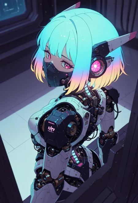 <lora:ck-nc-cyberpunk-IL-000011:0.60>,  masterpiece, best quality, good quality, very aesthetic, absurdres, newest, 8K, depth of field, focused subject, dynamic angle, side view, from above, action shot, wabi sabi android woman, rainbow hair, glowing hair, gazing at the viewer, clean visible face, clean white rectangular ceramic material and mechanical parts, their face mask is open, one eye has mechanical enhancements, servos, wires, exposed circuits, skin, (futuristic fractal shaped artemis station in background, window view), Sci-fi anime movie (style by George Shaw),shallow depth of field, vignette, (Fujicolor Superia X-TRA 400) , (bioluminecent glow:0.8),
in the style of cknc,
<lora:MoriiMee_Gothic_Niji_Style_Illustrious_r1:0.5>
<lora:ck-neon-retrowave-IL:0.85>
<lora:ck-shadow-circuit-IL:0.35>