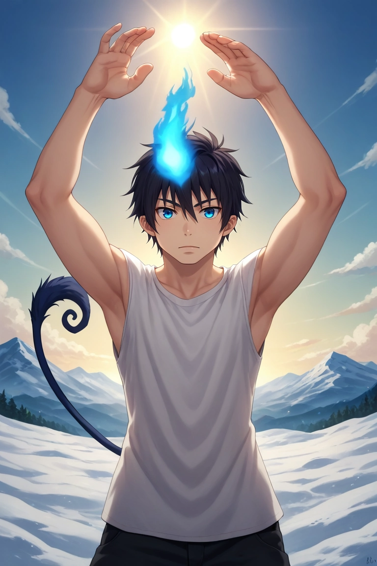 score_9, score_8_up, score_7_up, , rating_safe, intricate details, , , , 1boy, solo, male focus, <lora:rin_okumura_pony:0.76>, rin_okumura, black hair, blue eyes, short hair, hair between eyes, , tail, blue fire, mountain peak, cloud, sunlight, wind, snow, triumphant pose, sunrise, arms raised, victorious expression, , <lora:sdxl_lightning_8step_lora:1>