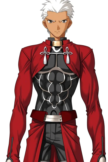 fatesnha, oekaki, solo, looking at viewer, long sleeves, 1boy, closed mouth, brown eyes, standing, jacket, white hair, male focus, cowboy shot, pants, dark skin, grey eyes, frown, transparent background, dark-skinned male, tassel, serious, straight-on, archer \(fate\), 
(masterpiece, best quality, absurdres, highres, newest, very awa:1.2), 