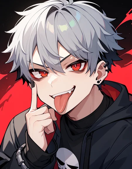 score_9,score_8_up,score_7_up,score_6_up, score_5_up , source_anime, 1boy, grey hair, red eyes, goth, emo, smug, tongue out, eyelid pull, akanbe, finger to eyelid, <lora:akanbe-XL-V1:1>