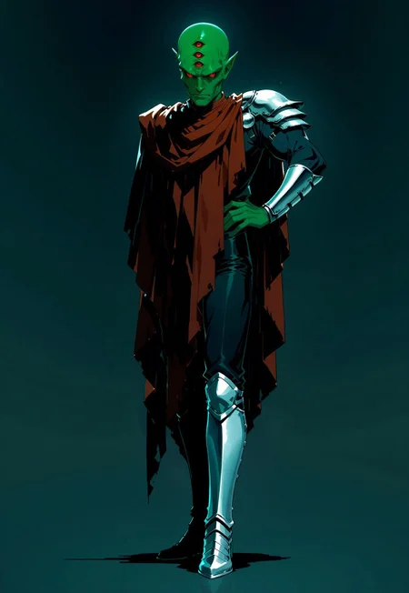OverallDetail, masterpiece, best quality, amazing quality, very aesthetic, absurdres, newest, drvenoilxl, 1boy, red eyes, (((3 eyes on forehead))), 3 forehead eyes, male focus, pointy ears, green skin, single pauldron, vambraces, bald, scowl, serious, red cloak, (((old man))), solo, full body, standing pose, simple background, long legs, hand on hip, looking at viewer, black sleeves, greaves, black pants, muscular