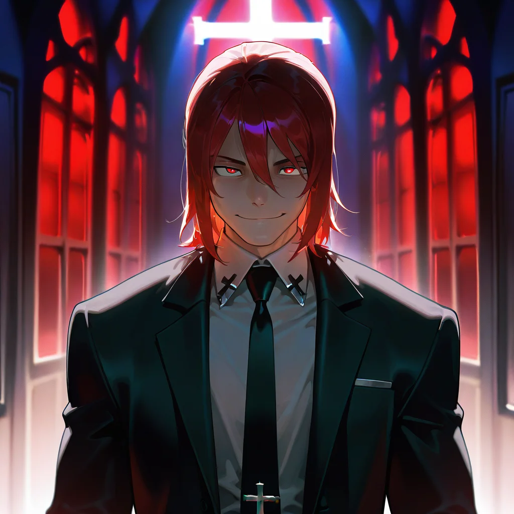 masterpiece, best quality, amazing quality, very aesthetic, absurdres,  newest, volumetric lighting,
souleaterstyle,,spirit,
solo,smile,1boy,upper body,male focus,red hair,necktie,formal,suit,cross,black necktie,church
,masterpiece, best quality, amazing quality, very aesthetic, absurdres,  newest, volumetric lighting,
, <lora:soul_eater_illustrious:0.8>,