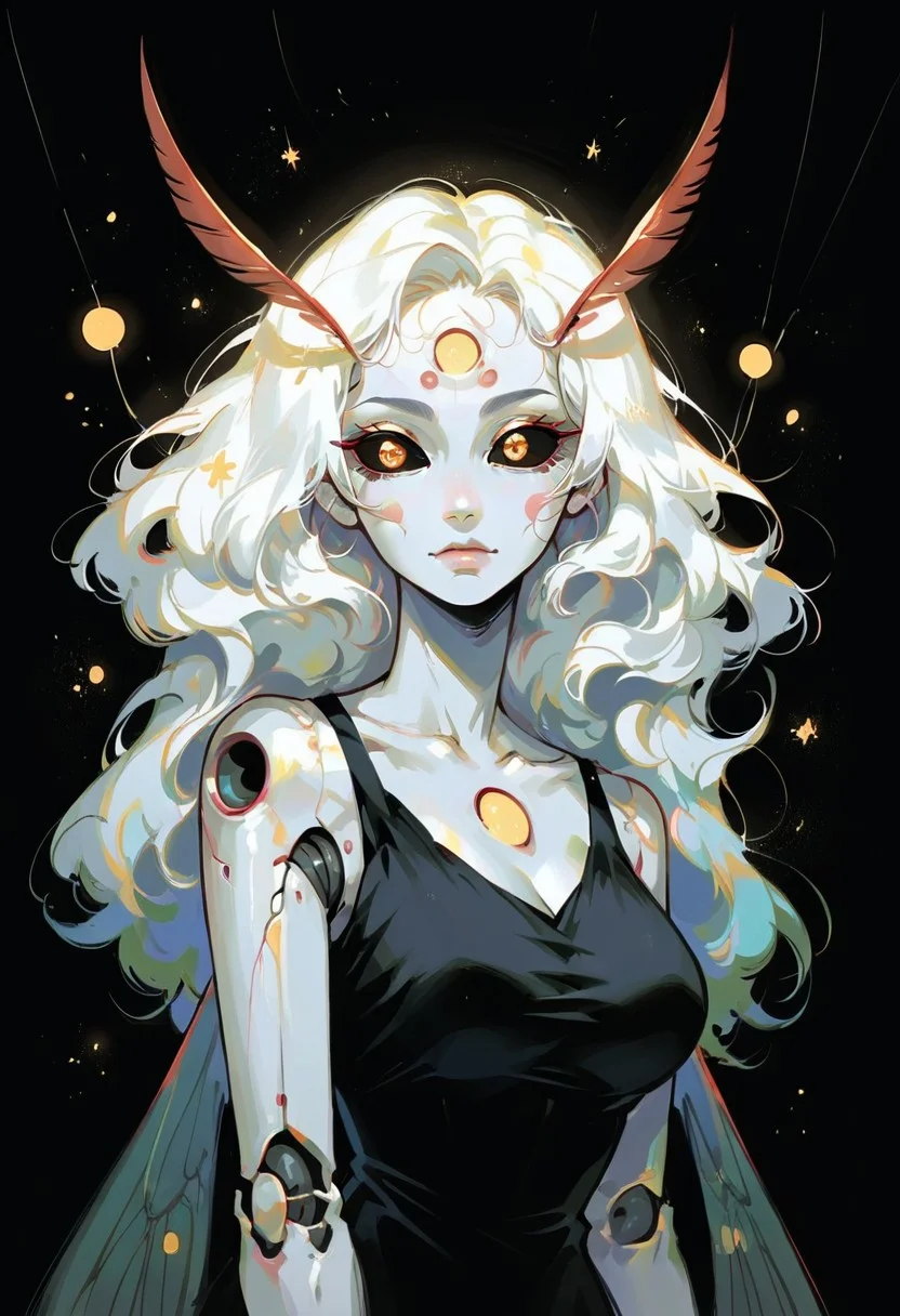 score_9, score_8_up, score_7_up, score_6_up, score_5_up, wat, 1girl, solo, black background, golden eyes, white skin, looking at viewer, g0ldl34f, abstract, curvy, busty, starry sky, long hair, black dress, 1r1d3sc3nc3, moth, monster girl, wings, arthropod girl, extra eyes, black sclera, antennae, wires, cybernetics, metallic arms