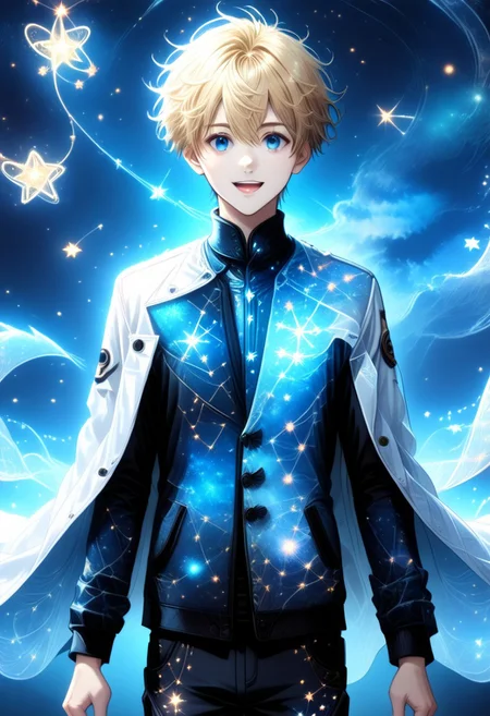 , score_9, score_8_up, score_7_up, 1boy, highly detailed, aesthetically stunning, anime-style, blonde-haired, blue-eyed, young man, short hair, bangs, smiling, open mouth, white coat, long sleeves, white baggy shorts, glowing scarf, floating, space setting, starry sky, star symbols, intricate, luminous, amazing aesthetic, intricate details